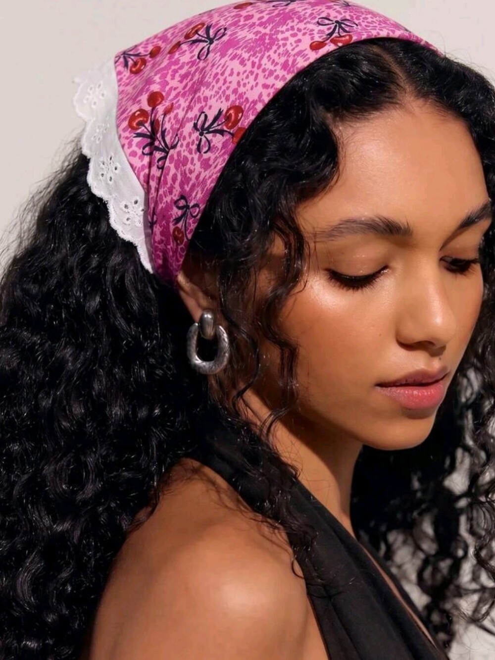 New! Pink Cherry Print Bandana Head Scarf Eyelet Lace Trim • NWOT
